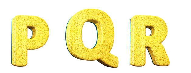 Sponge alphabet. Letters in 3d render. Cleaning festival. Letters P, Q, R