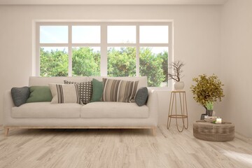 White living room with sofa and summer landscape in window. Scandinavian interior design. 3D illustration