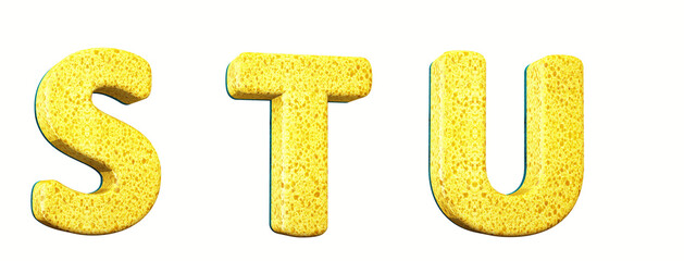Sponge alphabet. Letters in 3d render. Cleaning festival. Letters S, T, U