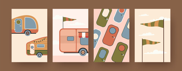 Collection of contemporary art posters with camping caravans. Campervan doors, flags cartoon vector illustrations. Traveling, vacation concept for designs, social media, postcards, invitation cards