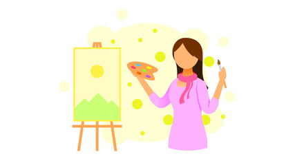 Abstract Flat Woman Artist Cartoon People Character Concept Illustration Vector Design Style Creative Workshop Room With Canvas Paints Brushes Easel Painter 