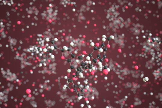 Rotenone molecule, conceptual molecular model. Chemical 3d rendering