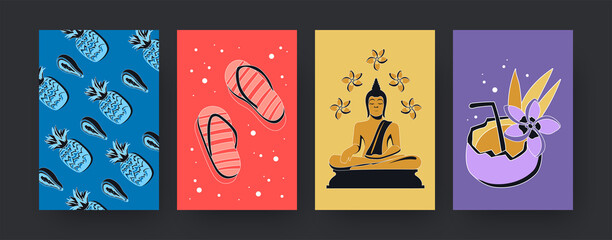 Set of contemporary art posters with Thai symbols. Vector illustration. Collection of colored Thai fruits, flowers, slippers, cocktail, yogi in bright background. Thailand, tradition, culture concept