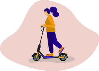 Young Delivery Woman with Mask and  Thermo Bag Riding a Scooter. Delivering Service. Woman on Scooter Outdoor. Girl Riding Scooter Motorcycle. Vector illustration
