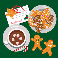 Cup with cocoa, marshmallows and cookies on a plate. Gingerbread men. Merry Christmas greetings. Vector illustration for use in prints, packaging, covers, decor, pastry shops, invitations and