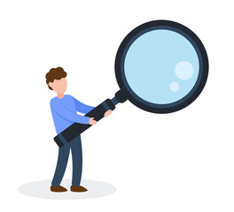 Man holds magnifying glass or magnifier. Creative concept of search, analyze, curious, find, inspect, research or zoom. Simple trendy cute cartoon vector illustration. Flat style graphic design icon.