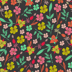 Floral Seamless Pattern With Lovely Flowers And Leaves. Colorful Fashion Print. Hand Drawn Vector Illustration, Great for Wedding Decoration, Greeting Cards, Scrapbooking, Invitation.