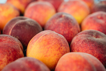 Peaches in a black box. Many peaches on the market. Box full of fresh picked peaches. Close-up of colorful fruit. Organic food for health. Vitamins. Depth of field
