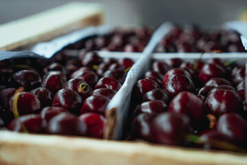 Sweet Cherries on a white wooden box. Fresh juicy red cherry berry rotate. Tasty natural desserts for healthy eating. Raw dessert food with sweet taste