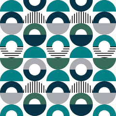 Seamless pattern with colorful retro style circles, semicircles and stripes in Scandinavian style in green, black, white, navy blue, turquoise and grey colors