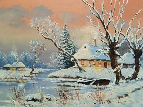 Oil paintings winter landscape, old village, rural house in the countryside. Fine art