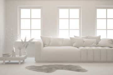 Mock up of minimalist living room in white color with sofa. Scandinavian interior design. 3D illustration