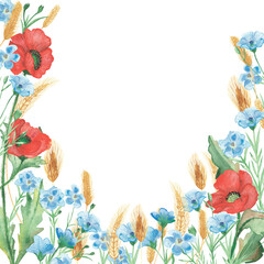 Watercolor hand painted  nature floral frame with red poppy, blue linen flax flowers on green branch and yellow rye ear cereals bouquet on the white background for invite and greeting card 