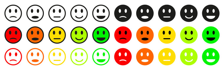 Happy smiley, funny smile, scared and sad emoticon, for sites and applications smiley icons. Smiley icon set. Vector illustration.