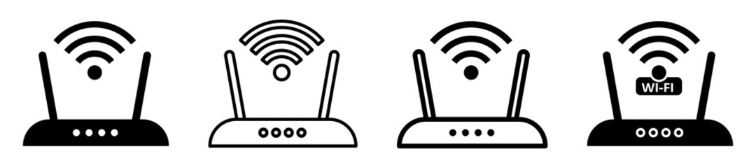 Set of wireless router icons. Modem with wi-fi signal. Wi-fi signal symbol. Internet Connection. Wi-fi wireless technology illustration on isolated background. Vector illustration. - obrazy, fototapety, plakaty
