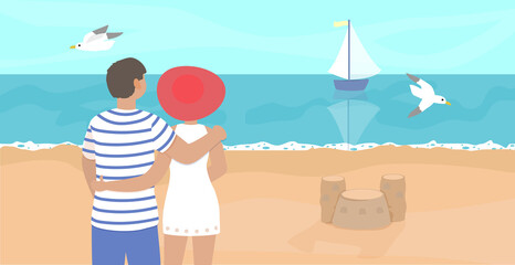 Cute couple at the beach. Woman nad man om summer vacations. Happy family vector illustration.