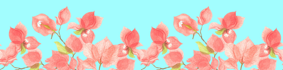 Red bracts of bougainvillea with flowers and green leaves.