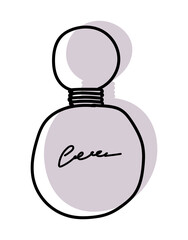 Vector illustration of a perfume bottle in line style. With a background of pastel colors in the form of a silhouette of perfume. Can be used as an icon, sign, sticker, logo.