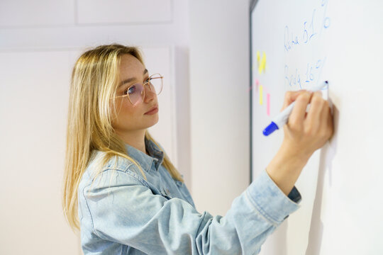 Blond businesswoman writing on whiteboard in meeting at office