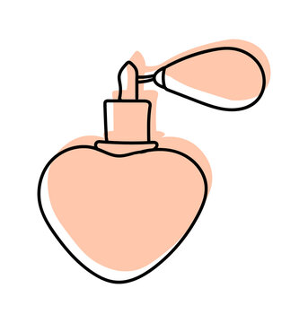 recommend clip art: Vector illustration of a perfume bottle in line style. With a background of pastel colors in the form of a silhouette of perfume. Can be used as an icon, sign, sticker, logo.