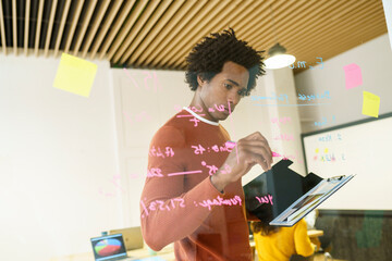 Afro hairstyle businessman writing on glass wall in office