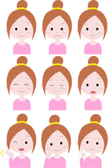 おだんご髪型の女の子イラスト　表情9セット