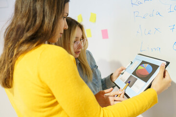 Female professionals discussing over digital tablet at office