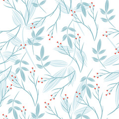 Cute hand drawn light blue flowers and leaves on white background. Vector seamless pattern. Fashion print in bright colors.	