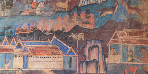 Painting art wall decoration of JAJA Krasip Rak or Poo Man Ya Man love romantic couple at Wat Phumin temple, Nan, Thailand. Famous tourist attraction. © tampatra