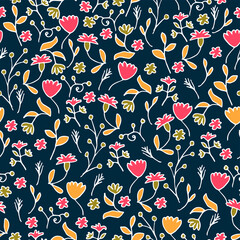 Cute hand drawn flowers on dark background. Vector seamless pattern. Fashion print in bright colors.	