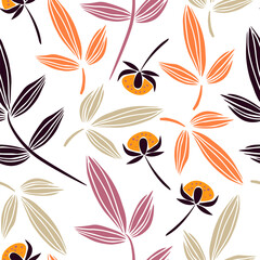 Cute hand drawn flowers on white background. Vector seamless pattern. Fashion print in bright colors.	