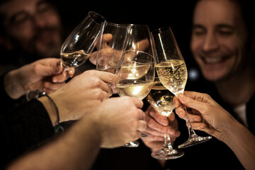 Happy male and female friends toasting glasses during celebration at home