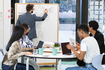 Businessman drawing on whiteboard in meeting with colleagues at office