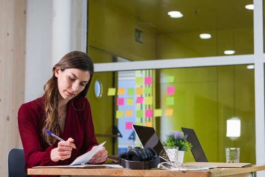 Young female entrepreneur working by desk at workplace
