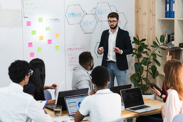 Male entrepreneur planning business strategy with colleagues in board room
