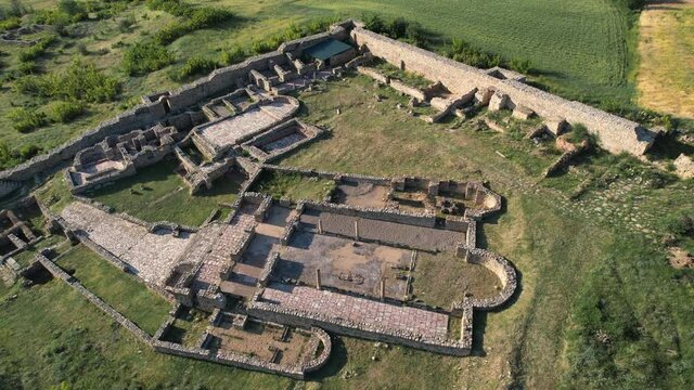 Aerial view of archaeological site, ruins of ancient town and church basilica, Bargala, Stip, Macedonia