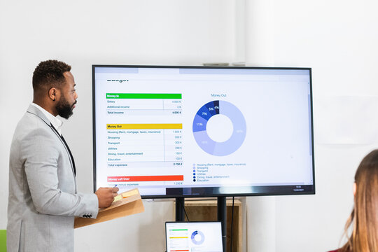 Male entrepreneur reading data on television in meeting at office