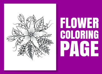 Flower coloring page. Floral coloring book page for adults and children. Black and white hand-drawn line art vector good for amazon coloring book design. line art for coloring page