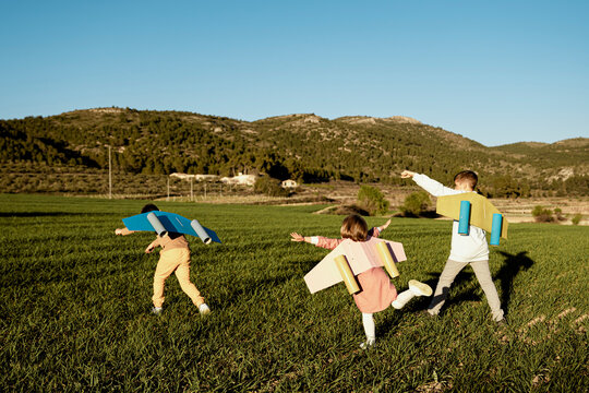 Playful brothers and sister playing with rocket wings on agricultural field during sunny day