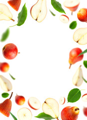 Flying red ripe juicy pear and green leaves isolated on white background. Sweet whole pears and sliced. Summer healthy organic fruits, harvesting. Creative composition with pears. Food concept
