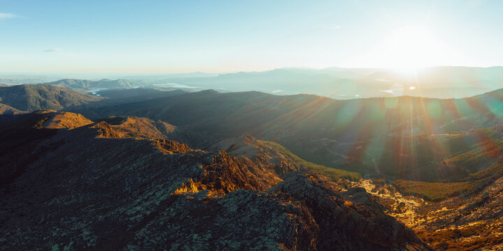 Sunlight on mountains at Puebla de la Sierra, Spain