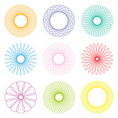 Colored patterns like spirograph drawings. Isolated vector illustration on white background.

