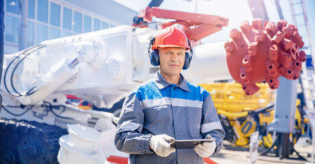 Concept banner smart industrial mining in mine. Miner in helmet with tablet computer on background...