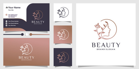 Naklejka premium Woman beauty logo template with creative line art concept, cosmetics, natural, spa Premium Vector