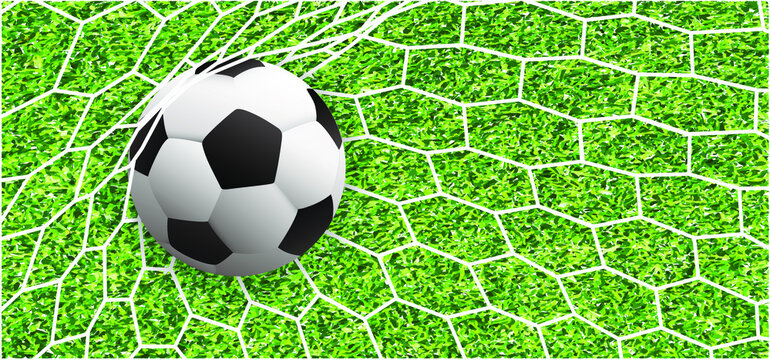 Soccer ball or football net pattern. Green football grass field. Vector background banner. wk, ek play model. Sport finale or school, sports. 2021