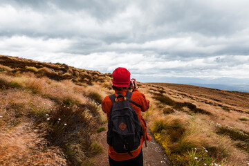 New Zealand, South Island, Fiordland National Park, Young man photographing wilderness area