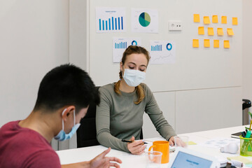 Male and female professional wearing protective face mask working at desk in coworking office during pandemic