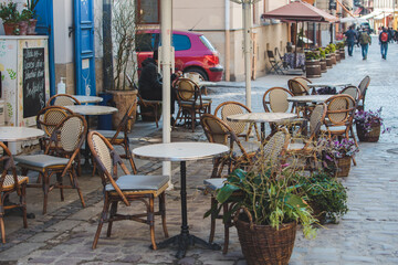 empty tables of cafe outdoors