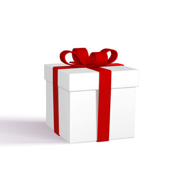 3D render realistic gift box with red bow. Paper box with red ribbon and shadow isolated on white background. Vector illustration