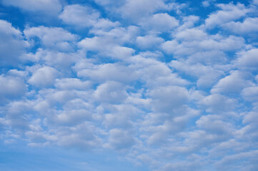 beautiful blue sky background with many fleecy clouds, horizontal color photo